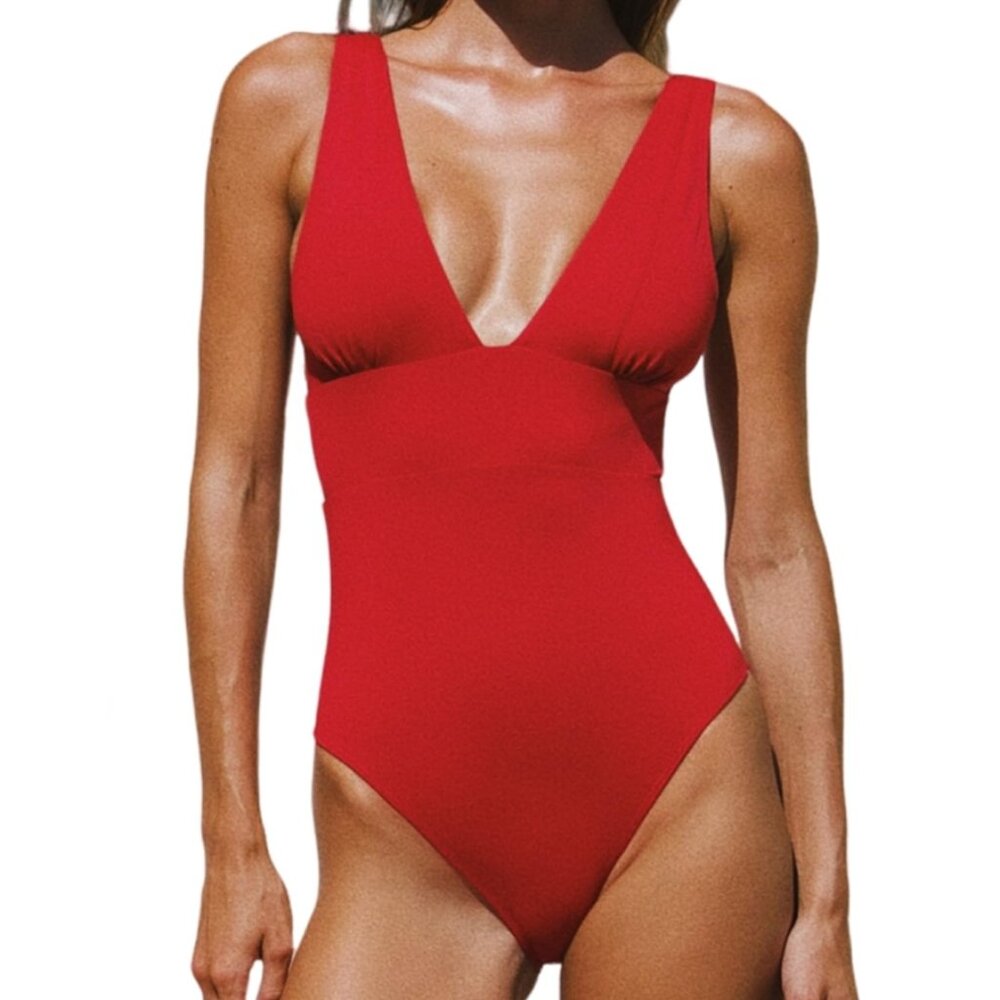 Yukari Women's Red Deep V-Neck One Piece Swimsuit Size L NWT